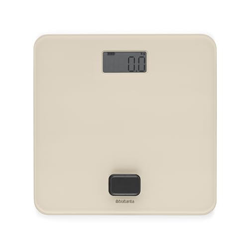 Brabantia - ReNew Badezimmerwaage - Batteriefrei - Waage Wiegt bis zu 150 kg - Genaues System - Rutschfeste Schutzkappen - LED-Anzeige - Glasoberfläche - Soft Beige - 30 x 30 cm von Brabantia