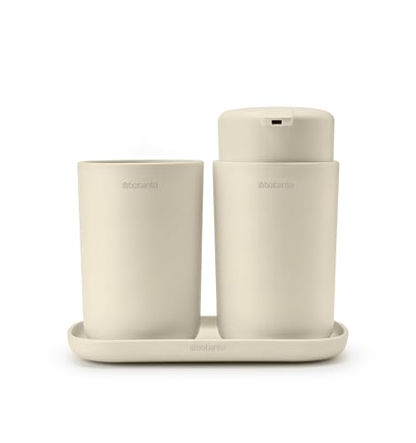 Brabantia - Renew Bad-Accessoires-Set - Seifenspender, Zahnbürstenhalter & Ablage - Tropffreier Pumpmechanismus - Rutschfester Boden - Korrosionsbeständig - 3er-Set für das Badezimmer - Soft Beige von Brabantia