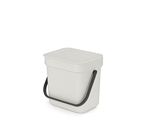 Brabantia - Sort & Go Abfallbehälter 3L - Kleiner Recyclingbehälter - Tragegriff - Pflegeleicht - Für die Arbeitsplatte oder den Küchenschrank - Küchenmülleimer - Light Grey - 19 x 14 x 18 cm von Brabantia