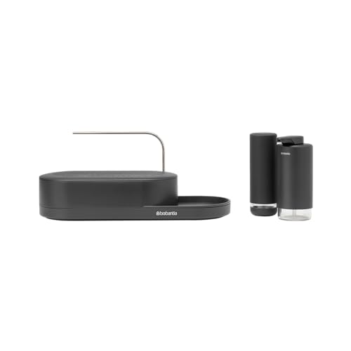 Brabantia - Spül-Organizer 3er-Set mit Organizer, Seifen- und Spülmittelspender - Kompaktes Design, Abtropfschale mit Belüftungsschlitzen, rutschfeste Ablage - Mineral Infinite Grau von Brabantia