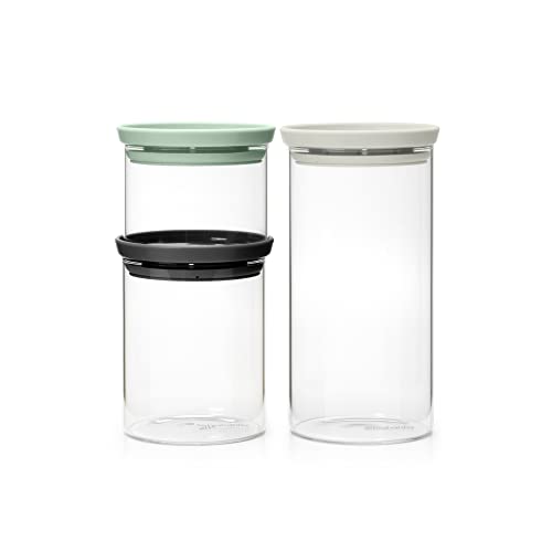 Brabantia - Stapelbarer Glasbehälter mit Deckel - 3er-Set - Lebensmittelaufbewahrung - Hält Länger Frisch - Silikondichtung - Spülmaschinenfest - Dark Grey/Light Grey/Jade Green - 0,3L/0,6L/1,1L von Brabantia