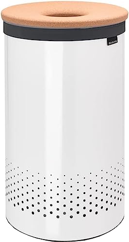 Brabantia - Wäschekorb - Quick-Drop-Öffnung - Perfekt sitzenden Baumwollwäschesack - Korrosionsfrei - Mit Belüftungslöcher - Korkdeckel - Wäschesammler - Weiss - 60 L- 38.0 x 63.5 x 38.0 cm von Brabantia