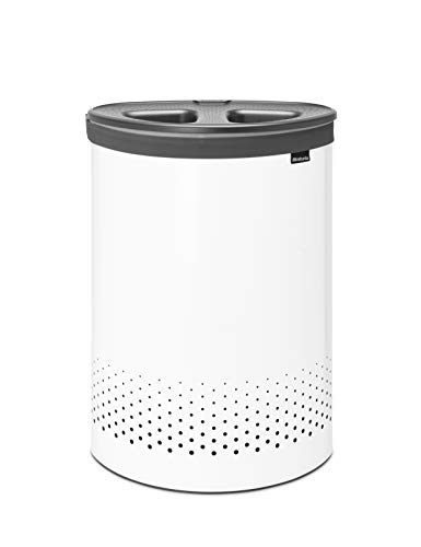 Brabantia - Selector Wäschekorb - Doppelten Quick-Drop-Deckel - Zwei Wäschekörbe - Wäschesack aus Baumwolle - Belüftungslöcher - Platzsparend - Weiss - 55 L- 29.0 x 63.0 x 45.0 cm von Brabantia