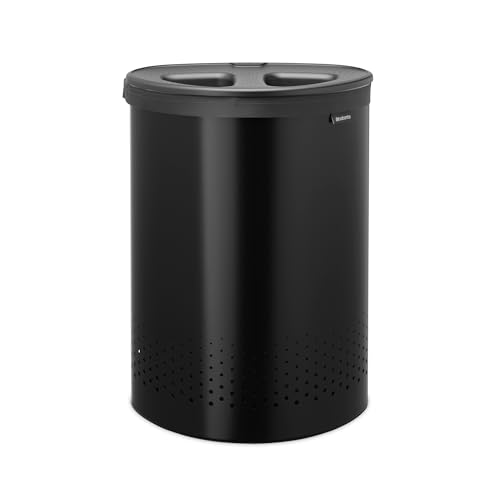 Brabantia Wäschekorb mit Deckel | 55 l – Wäschekorb mit 2 Fächern, Quick-Drop-Deckel und herausnehmbarem Baumwollbeutel | Matt black von Brabantia