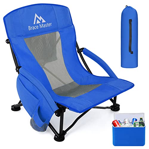 Brace Master Strandstuhl Campingstuhl, Sandstühle mit niedriger Rückenlehne, faltbares Mesh-Rückendesign mit Getränkehalter und Kühl- und Handytasche, für Camping, Strand, Picknick von Brace Master