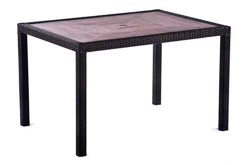BrackenStyle Ascot Rattan-Tisch, rechteckig, 120 x 90 cm, Schwarz und Braun mit Teak-Polyresin-Platte – kommerzieller Esstisch für den Außenbereich von BrackenStyle