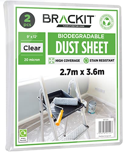 Brackit 2 x biologisch abbaubare große Kunststoff-Staubschutzfolien zum Dekorieren – 2,7 m x 3,6 m (12 x 9 ft) 20 Mikron – geprägte weiße Kunststoffplatten zum Malen und Abdecken von Brackit