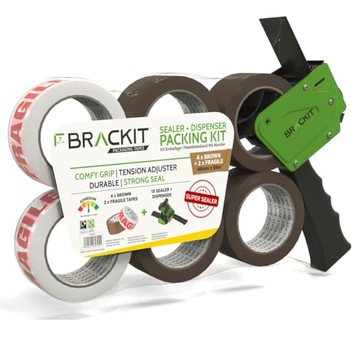 Brackit Packband-Set braun und zerbrechlich mit Spender, 48 mm x 66 m, 6 Rollen – starkes Dichtungsband für regelmäßige Verpackung oder Umzug von Brackit