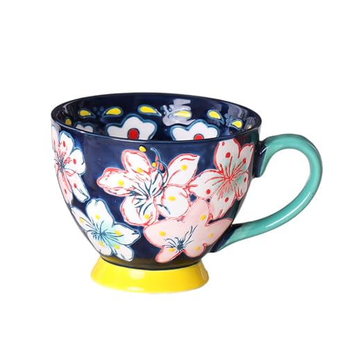 BradOc Geschenk-Kaffeetassen 420 ml,Kaffee-Tee-Milch-Tassen, große Kaffeetassen mit geprägten Blumenmustern, handgefertigtes Tassen-Set for Tee,Dark blue von BradOc