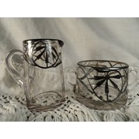 Antikes Sterling Silber Overlay Glas Milchkännchen Und Zucker Set von BradsCollection