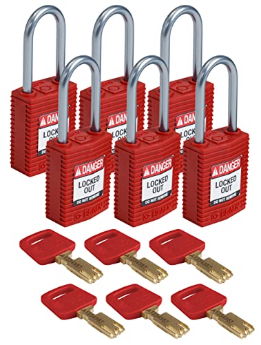 Brady (CPT-RED-38AL-KD6PK) SafeKey Nylon Lockout-Vorhängeschloss - kompakt Mit Aluminium Bügel 38.00 mm Rot KD - Verschiedenschließende Schlösser 6 Stück von Brady