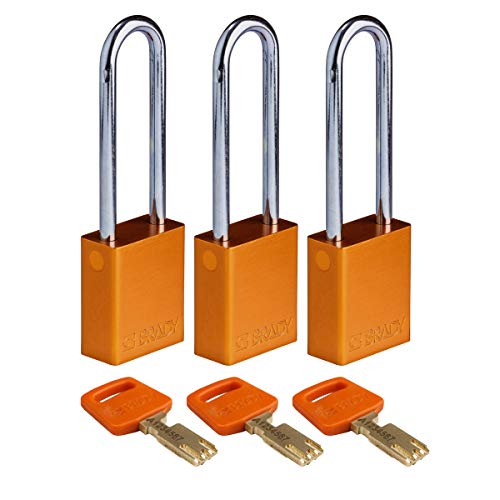 Brady (ALU-ORG-76ST-KA3PK) SafeKey Anodized Aluminum Lockout-Vorhängeschloss Mit Stahl Bügel 76.00 mm Orange KA - Gleichschließende Schlösser 3 Stück von Brady