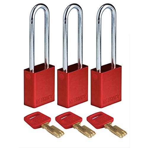 Brady (ALU-RED-76ST-KA3PK) SafeKey Anodized Aluminum Lockout-Vorhängeschloss Mit Stahl Bügel 76.00 mm Rot KA - Gleichschließende Schlösser 3 Stück von Brady