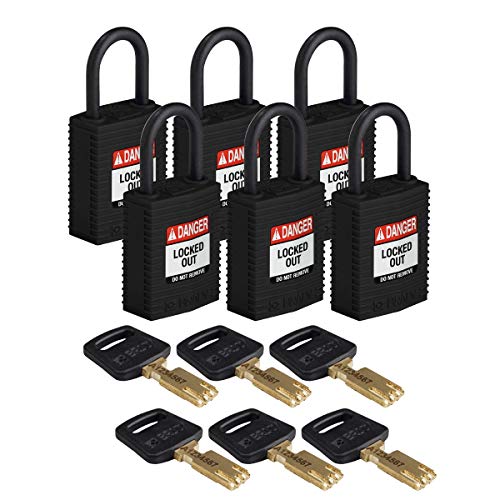 Brady (CPT-BLK-25PL-KD6PK) SafeKey Nylon Lockout-Vorhängeschloss - kompakt Mit Nylon Bügel 25.00 mm Schwarz KD - Verschiedenschließende Schlösser 6 Stück von Brady