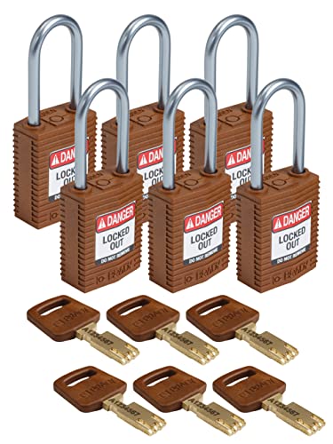 Brady (CPT-BRN-38AL-KD6PK) SafeKey Nylon Lockout-Vorhängeschloss - kompakt Mit Aluminium Bügel 38.00 mm Braun KD - Verschiedenschließende Schlösser 6 Stück von Brady