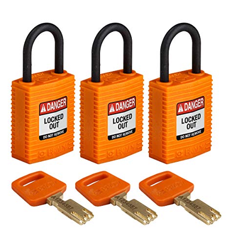 Brady (CPT-ORG-25PL-KA3PK) SafeKey Nylon Lockout-Vorhängeschloss - kompakt Mit Nylon Bügel 25.00 mm Orange KA - Gleichschließende Schlösser 3 Stück von Brady