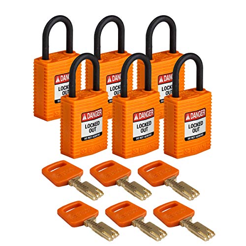 Brady (CPT-ORG-25PL-KD6PK) SafeKey Nylon Lockout-Vorhängeschloss - kompakt Mit Nylon Bügel 25.00 mm Orange KD - Verschiedenschließende Schlösser 6 Stück von Brady