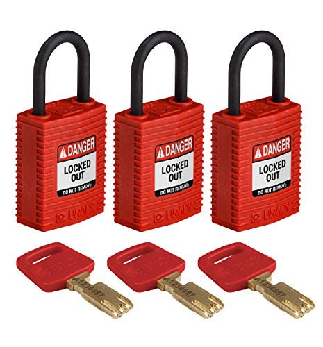 Brady (CPT-RED-25PL-KA3PK) SafeKey Nylon Lockout-Vorhängeschloss - kompakt Mit Nylon Bügel 25.00 mm Rot KA - Gleichschließende Schlösser 3 Stück von Brady
