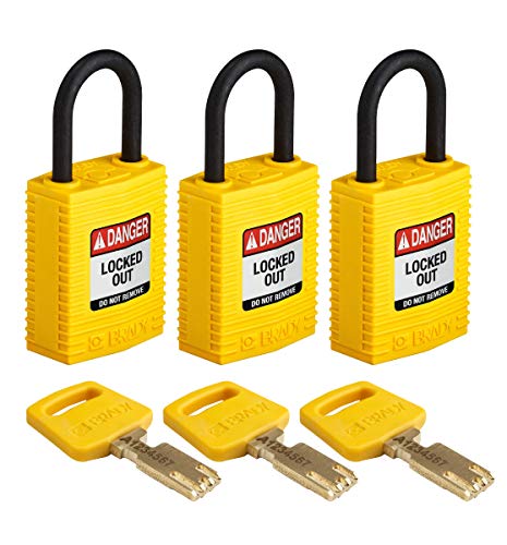 Brady (CPT-YLW-25PL-KA3PK) SafeKey Nylon Lockout-Vorhängeschloss - kompakt Mit Nylon Bügel 25.00 mm Gelb KA - Gleichschließende Schlösser 3 Stück von Brady