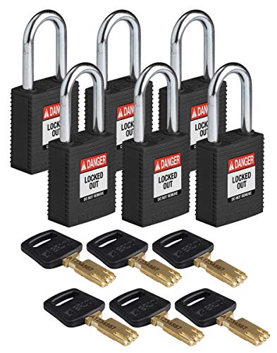 Brady (NYL-BLK-38ST-KD6PK) SafeKey Nylon Lockout-Vorhängeschloss Mit Stahl Bügel 38.00 mm Schwarz KD - Verschiedenschließende Schlösser 6 Stück von Brady