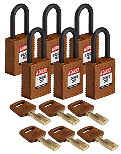 Brady (NYL-BRN-38PL-KD6PK) SafeKey Nylon Lockout-Vorhängeschloss Mit Nylon Bügel 38.00 mm Braun KD - Verschiedenschließende Schlösser 6 Stück von Brady