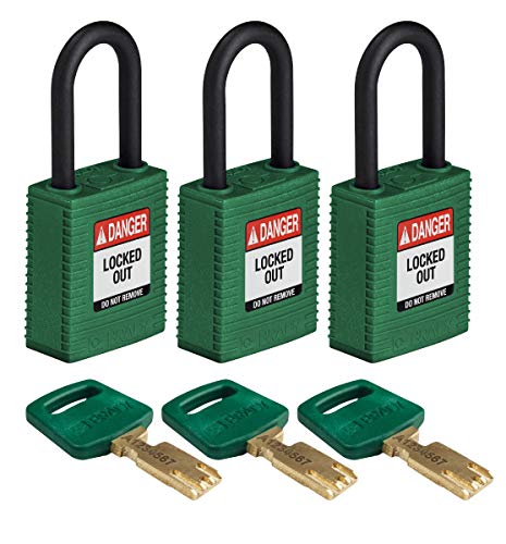 Brady (NYL-GRN-38PL-KA3PK) SafeKey Nylon Lockout-Vorhängeschloss Mit Nylon Bügel 38.00 mm Grün KA - Gleichschließende Schlösser 3 Stück von Brady
