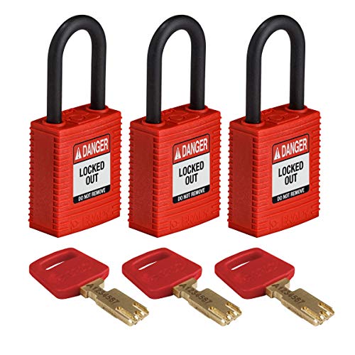 Brady (NYL-RED-38PL-KA3PK) SafeKey Nylon Lockout-Vorhängeschloss Mit Nylon Bügel 38.00 mm Rot KA - Gleichschließende Schlösser 3 Stück von Brady