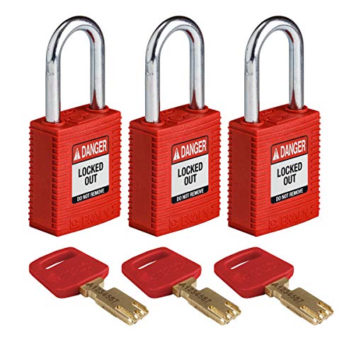 Brady (NYL-RED-38ST-KA3PK) SafeKey Nylon Lockout-Vorhängeschloss Mit Stahl Bügel 38.00 mm Rot KA - Gleichschließende Schlösser 3 Stück von Brady