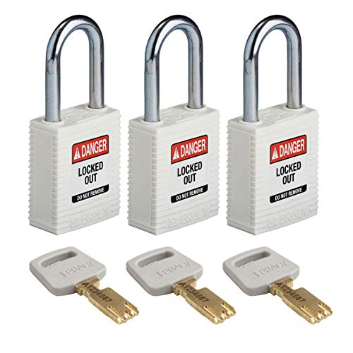 Brady (NYL-WHT-38ST-KA3PK) SafeKey Nylon Lockout-Vorhängeschloss Mit Stahl Bügel 38.00 mm Weiß KA - Gleichschließende Schlösser 3 Stück von Brady