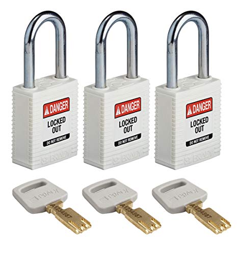 Brady (NYL-WHT-38ST-KA3PK) SafeKey Nylon Lockout-Vorhängeschloss Mit Stahl Bügel 38.00 mm Weiß KA - Gleichschließende Schlösser 3 Stück von Brady