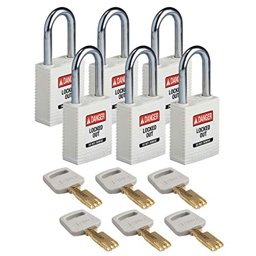 Brady (NYL-WHT-38ST-KD6PK) SafeKey Nylon Lockout-Vorhängeschloss Mit Stahl Bügel 38.00 mm Weiß KD - Verschiedenschließende Schlösser 6 Stück von Brady