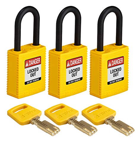 Brady (NYL-YLW-38PL-KA3PK) SafeKey Nylon Lockout-Vorhängeschloss Mit Nylon Bügel 38.00 mm Gelb KA - Gleichschließende Schlösser 3 Stück von Brady