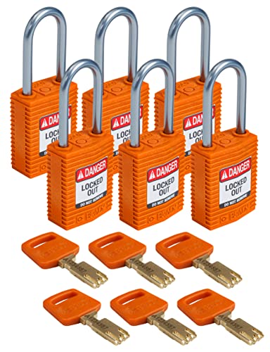 Brady (CPT-ORG-38AL-KD6PK) SafeKey Nylon Lockout-Vorhängeschloss - kompakt Mit Aluminium Bügel 38.00 mm Orange KD - Verschiedenschließende Schlösser 6 Stück von Brady
