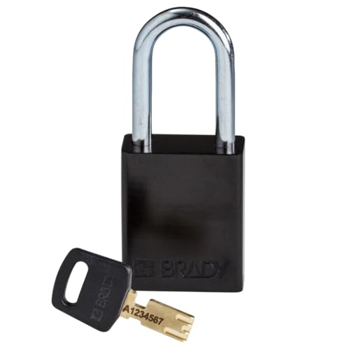 Brady SafeKey Vorhängeschloss Aluminium 1er-Pack - Lockout Schloss mit Schlüssel - Lockout Tagout Sicherheitsschloss für innen und außen - Bügelhöhe 38.10 mm - Verschiedenschließend - Schwarz von Brady