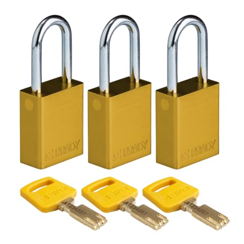 Brady SafeKey Vorhängeschloss Aluminium 3er-Pack - Lockout Schloss mit Schlüssel - Lockout Tagout Sicherheitsschloss für innen und außen - Bügelhöhe 38.10 mm - Gleichschließend - Gelb Brady SafeKey Vorhängeschloss Aluminium 3er-Pack - Lockout Schloss mit Schlüssel - Lockout Tagout Sicherheitsschloss für innen und außen - Bügelhöhe 38.10 mm - Gleichschließend - Gelb von Brady