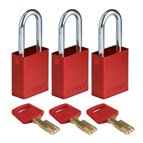 Brady SafeKey Vorhängeschloss Aluminium 3er-Pack - Lockout Schloss mit Schlüssel - Lockout Tagout Sicherheitsschloss für innen und außen - Bügelhöhe 38.10 mm - Gleichschließend - Rot von Brady