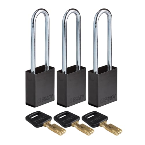 Brady SafeKey Vorhängeschloss Aluminium 3er-Pack - Lockout Schloss mit Schlüssel - Lockout Tagout Sicherheitsschloss für innen und außen - Bügelhöhe 76.20 mm - Gleichschließend - Schwarz von Brady