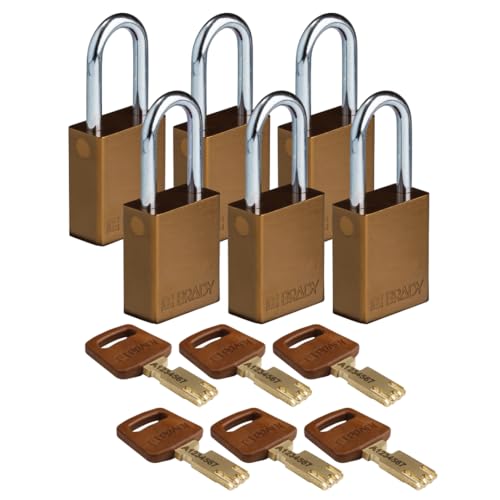 Brady SafeKey Vorhängeschloss Aluminium 6er-Pack - Lockout Schloss mit Schlüssel - Lockout Tagout Sicherheitsschloss für innen und außen - Bügelhöhe 38.10 mm - Verschiedenschließend - Braun von Brady