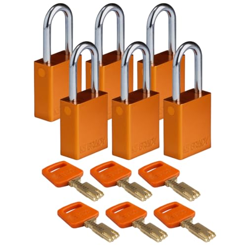 Brady SafeKey Vorhängeschloss Aluminium 6er-Pack - Lockout Schloss mit Schlüssel - Lockout Tagout Sicherheitsschloss für innen und außen - Bügelhöhe 38.10 mm - Verschiedenschließend - Orange von Brady