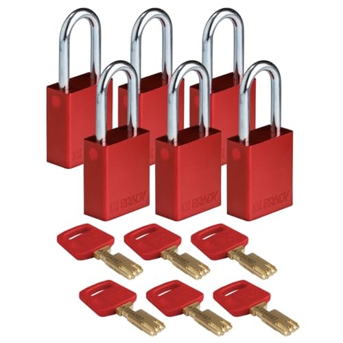 Brady SafeKey Vorhängeschloss Aluminium 6er-Pack - Lockout Schloss mit Schlüssel - Lockout Tagout Sicherheitsschloss für innen und außen - Bügelhöhe 38.10 mm - Verschiedenschließend - Rot von Brady