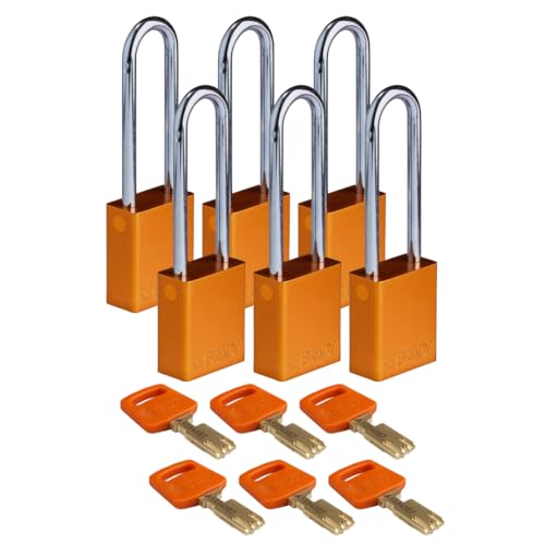 Brady SafeKey Vorhängeschloss Aluminium 6er-Pack - Lockout Schloss mit Schlüssel - Lockout Tagout Sicherheitsschloss für innen und außen - Bügelhöhe 76.20 mm - Verschiedenschließend - Orange von Brady