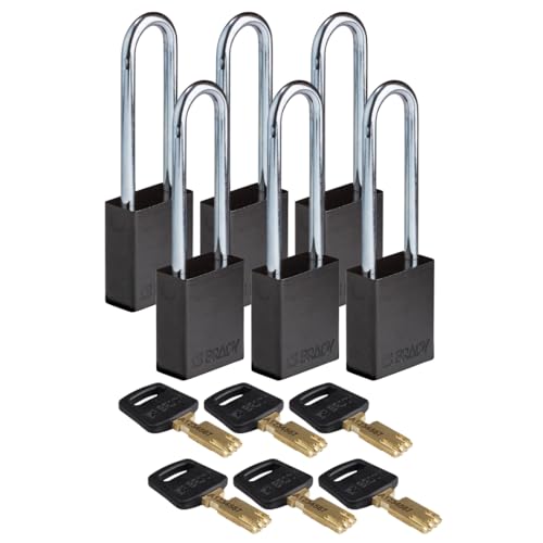 Brady SafeKey Vorhängeschloss Aluminium 6er-Pack - Lockout Schloss mit Schlüssel - Lockout Tagout Sicherheitsschloss für innen und außen - Bügelhöhe 76.20 mm - Verschiedenschließend - Schwarz von Brady