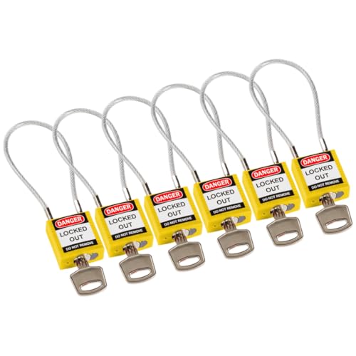 Brady Kompakte Kabel-Vorhängeschlöss 6er-Pack - Lockout Sicherheitsschloss mit Schlüssel - Vorhängeschloss Wetterfest mit langer Bügel - Vorhängeschloss Gleichschließend - Kabellänge 200 mm, Gelb von Brady