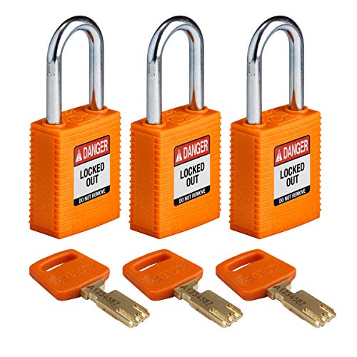 Brady (NYL-ORG-38ST-KA3PK) SafeKey Nylon Lockout-Vorhängeschloss Mit Stahl Bügel 38.00 mm Orange KA - Gleichschließende Schlösser 3 Stück von Brady