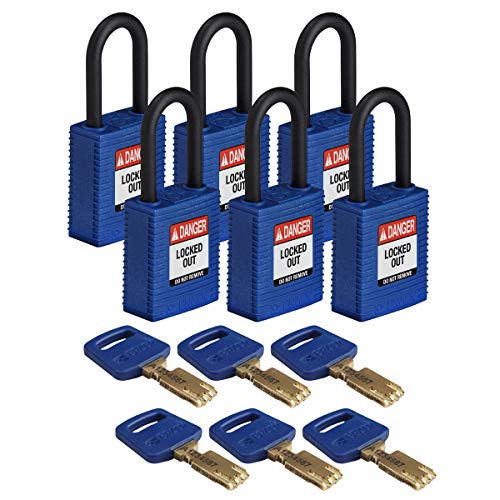 Brady (NYL-BLU-38PL-KD6PK) SafeKey Nylon Lockout-Vorhängeschloss Mit Nylon Bügel 38.00 mm Blau KD - Verschiedenschließende Schlösser 6 Stück von Brady