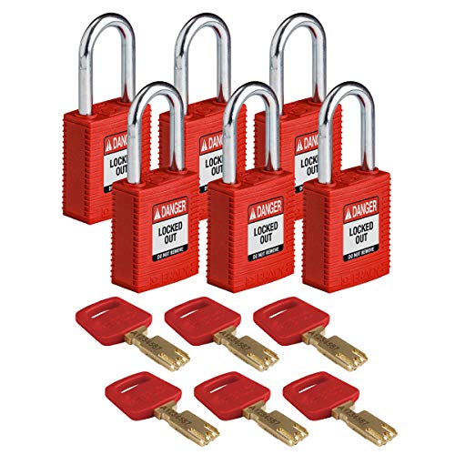 Brady (NYL-RED-38ST-KD6PK) SafeKey Nylon Lockout-Vorhängeschloss Mit Stahl Bügel 38.00 mm Rot KD - Verschiedenschließende Schlösser 6 Stück von Brady