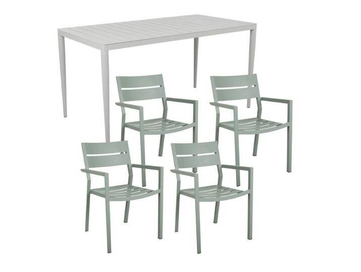 Brafab Delia/Bigby Gartenmöbel-Set mit Gartentisch 144x76 cm, 5-teilig - mit Tisch light grey , Aluminium dusty green,stapelbar, Tischbein mit Höhenausgleich,Trendig & bunt von Brafab