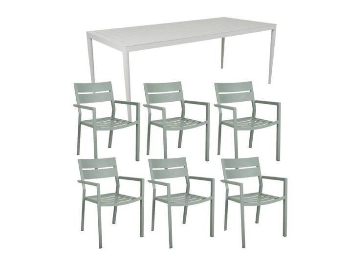 Brafab Delia/Bigby Gartenmöbel-Set mit Gartentisch 195x90 cm, 7-teilig - mit Tisch light grey , Aluminium dusty green,stapelbar, Tischbein mit Höhenausgleich,Trendig & bunt von Brafab