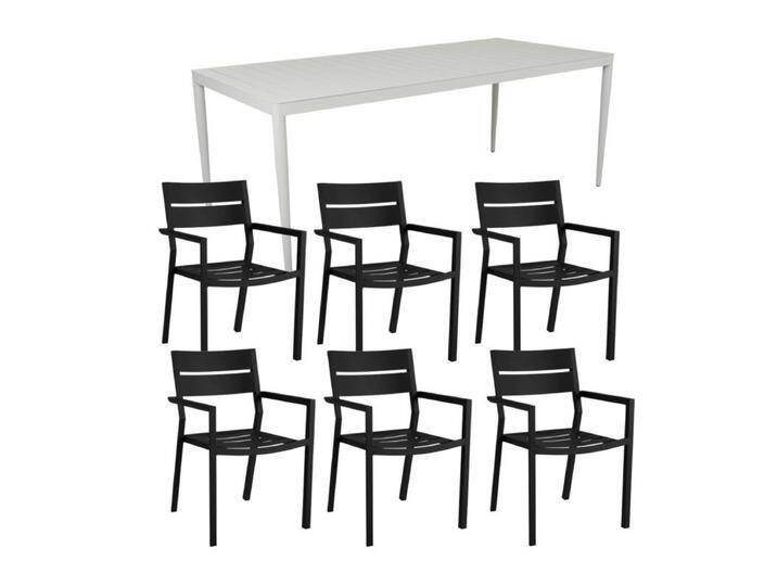 Brafab Delia/Bigby Gartenmöbel-Set mit Gartentisch 195x90 cm, 7-teilig - mit Tisch light grey , Aluminium schwarz,stapelbar, Tischbein mit Höhenausgleich,Trendig & bunt von Brafab