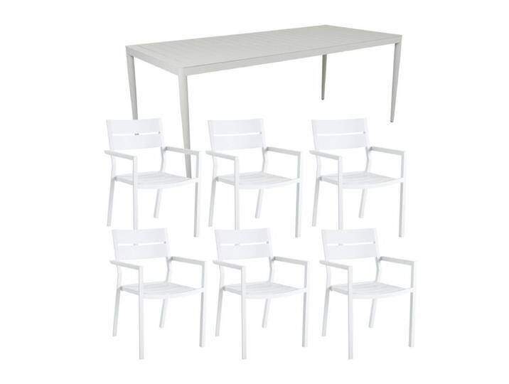Brafab Delia/Bigby Gartenmöbel-Set mit Gartentisch 195x90 cm, 7-teilig - mit Tisch light grey , Aluminium weiß,stapelbar, Tischbein mit Höhenausgleich,Trendig & bunt von Brafab